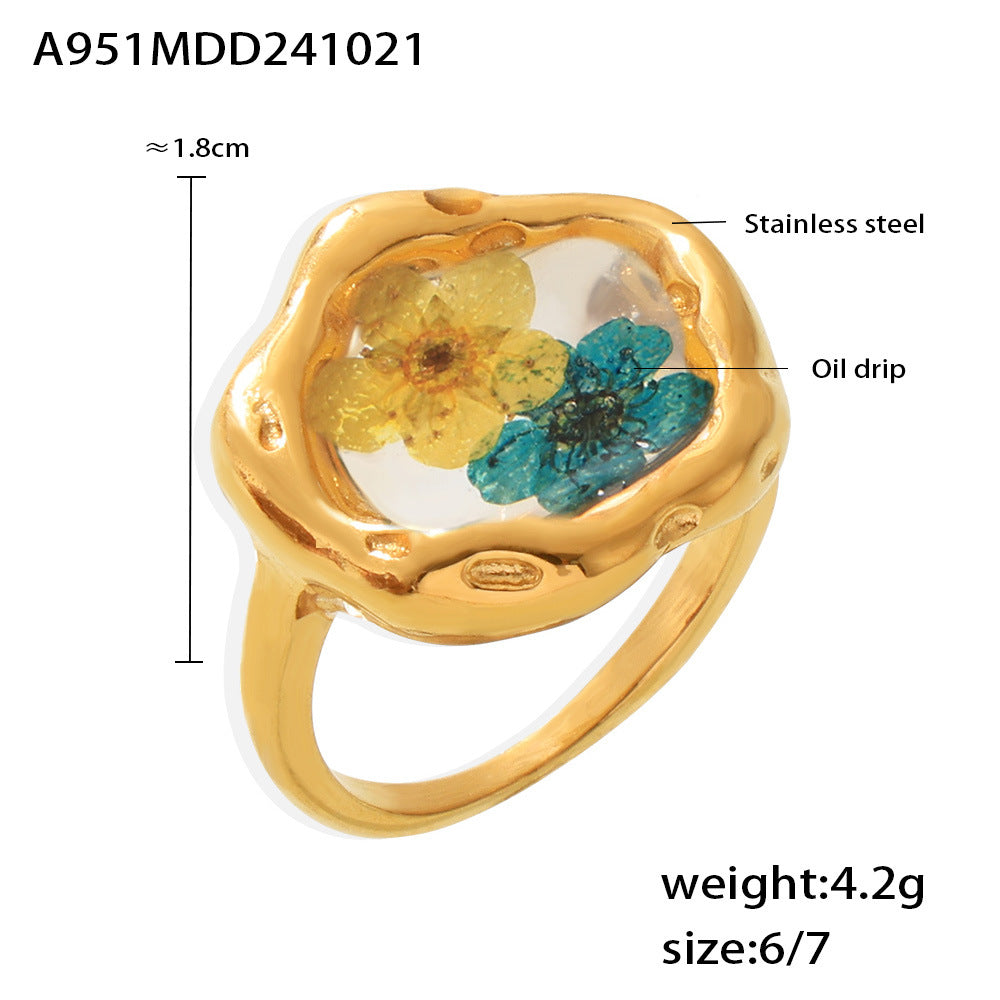 B廠【A951】歐美小眾滴油乾燥花戒指輕奢感冷淡風植物花卉不鏽鋼食指戒女 24.10-4