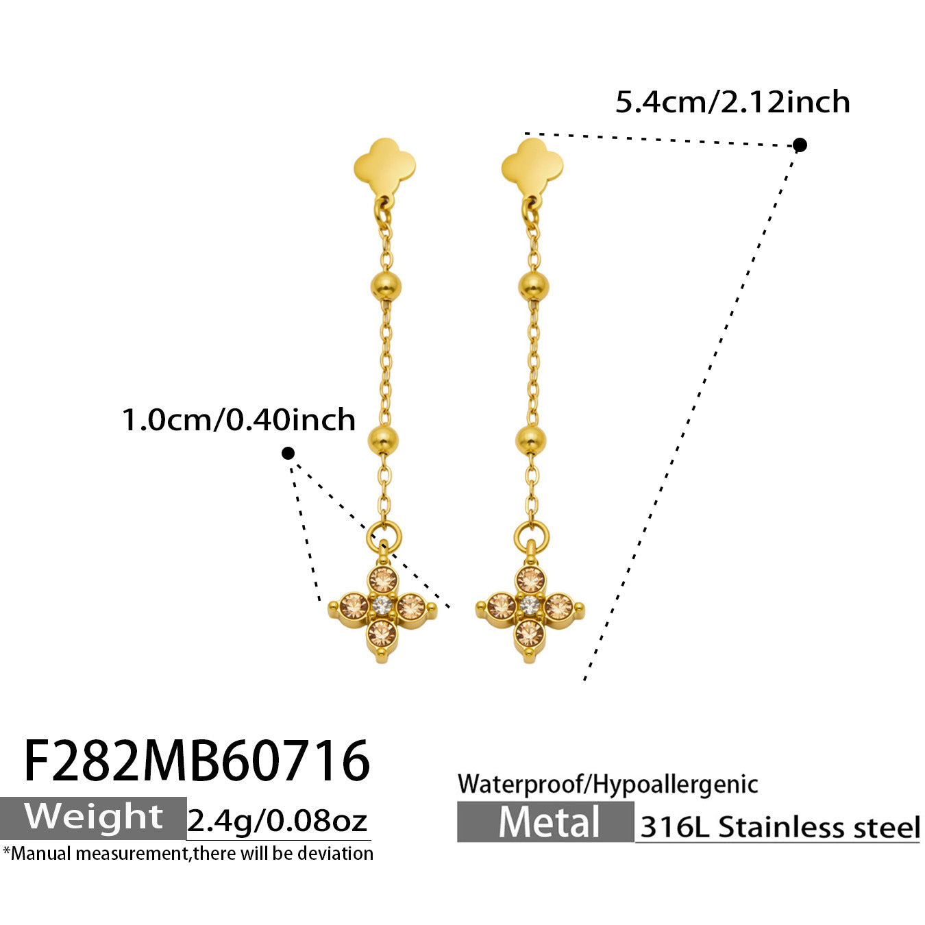 B廠【F282】歐美甜美風不鏽鋼鍍18k金 鑲嵌鋯石四葉花長吊墜耳環時尚飾品女
 26.07-4