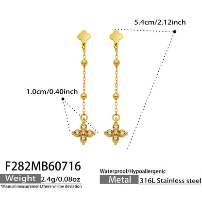B廠【F282】歐美甜美風不鏽鋼鍍18k金 鑲嵌鋯石四葉花長吊墜耳環時尚飾品女
 26.07-4