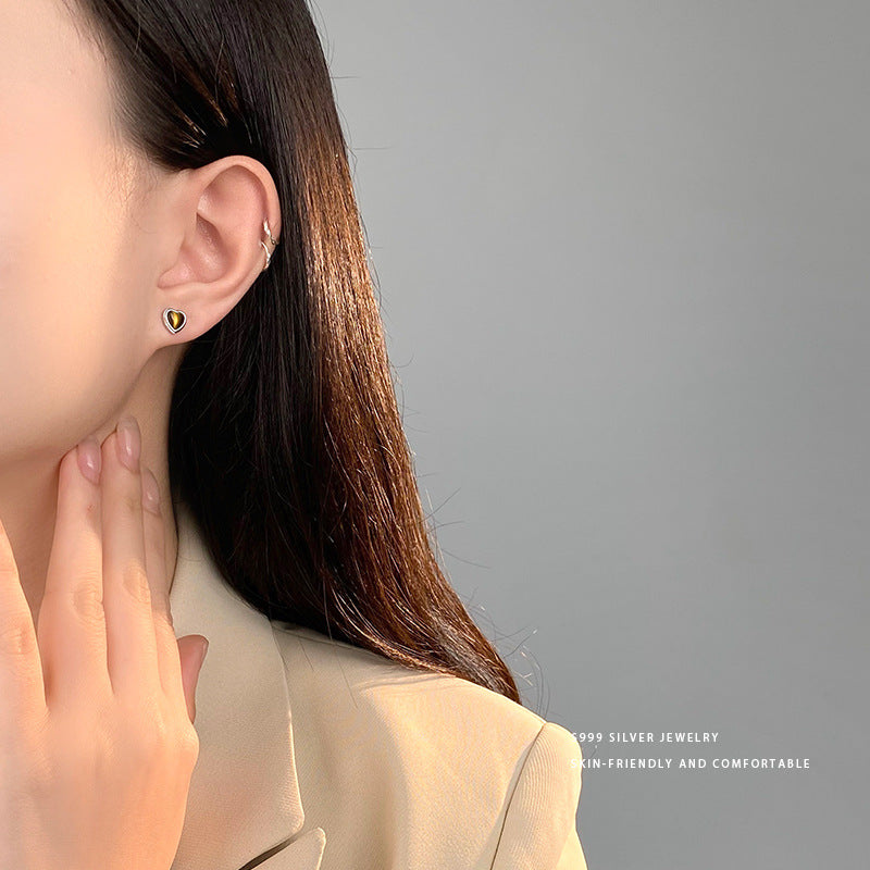 E廠【YC9786E】S999足銀高級感虎眼石愛心耳環女時尚小眾高級感輕奢耳飾 24.04-1