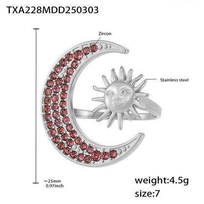 B廠【TXP228】日月同輝鑲嵌鋯石戒指鎖骨項鍊精緻創意鈦鋼18K金套裝飾品 25.03-1