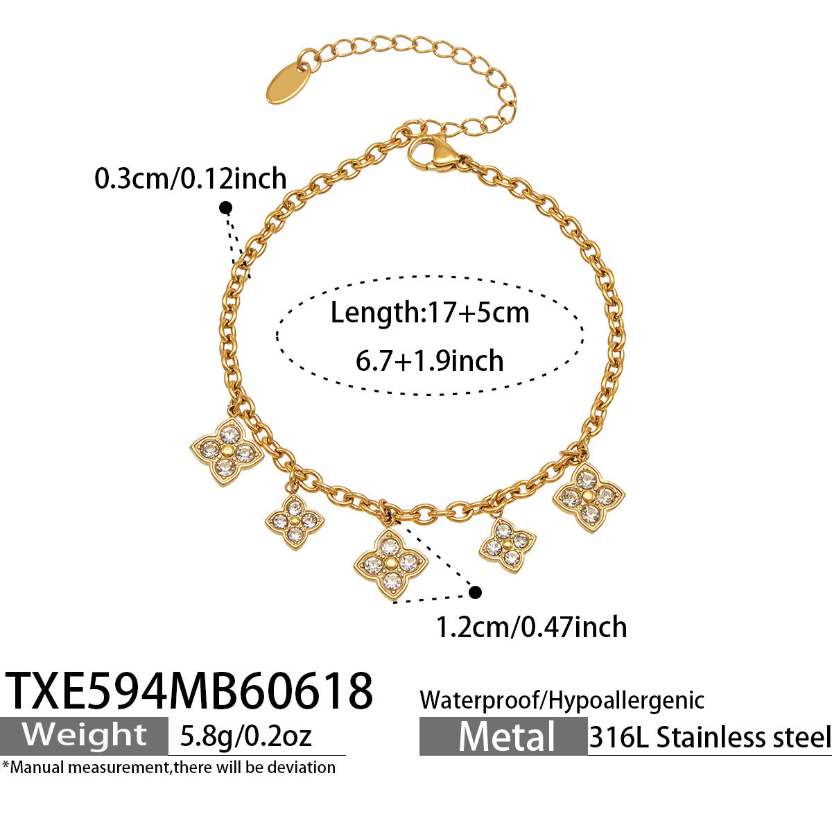 B廠【TXP594】歐美熱銷四葉花超閃滿鑽鋯石DIY多配件項鍊手鍊套組不鏽鋼鍍18k金
 26.06-4