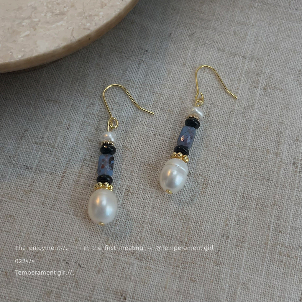 A廠【6559】淡水珍珠文藝復古藏青色秋冬新款手工耳環民族風景區耳飾
 25.10-3