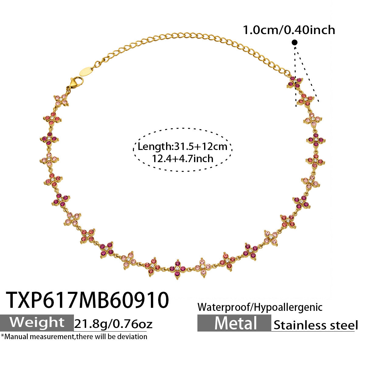 B廠【TXP617】跨境時尚四瓣花鋯石鈦鋼PVD真空電鍍小眾高級鎖骨鏈耳環手鍊組合
 26.09-3