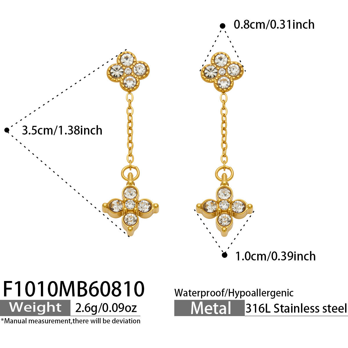 B廠【F1010】新款滿鑽四葉花垂墜耳飾鈦鋼鍍金ins輕奢精緻時尚通勤飾品耳環女
 26.08-2