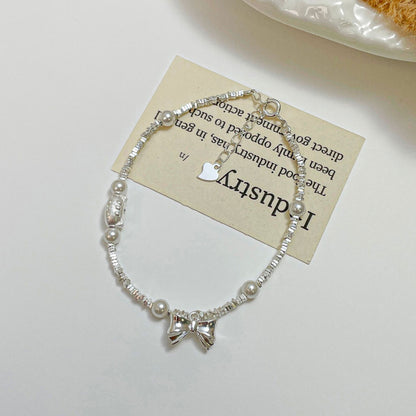 E廠【XDQ0797S】S925純銀精緻碎銀子蝴蝶結手鍊ins萌趣貓咪仿珍珠百搭手飾女
 25.11-4