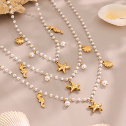 B廠【TXP335】海洋系列星星貝殼吊墜手工膠珠串珠項鍊手鍊手鍊套裝不銹鋼材質 25.08-1