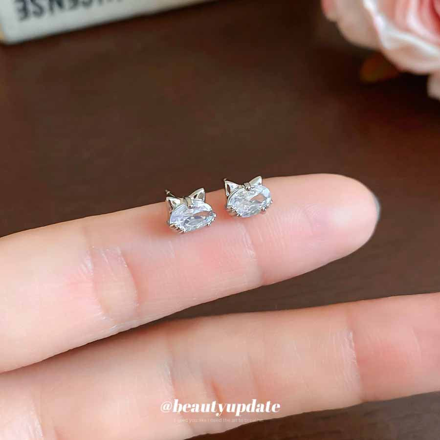 A廠【HE27903】925銀針鋯石橢圓形小貓耳環可愛小巧百搭氣質耳環精緻輕奢高級感耳飾 25.07-4