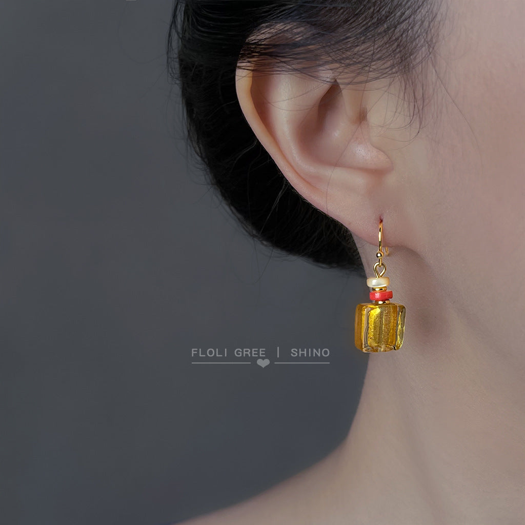 A廠【S124】文藝復古玻璃琉璃手工藝耳飾國潮新中式重工感幾何方形耳環飾品
 25.10-3