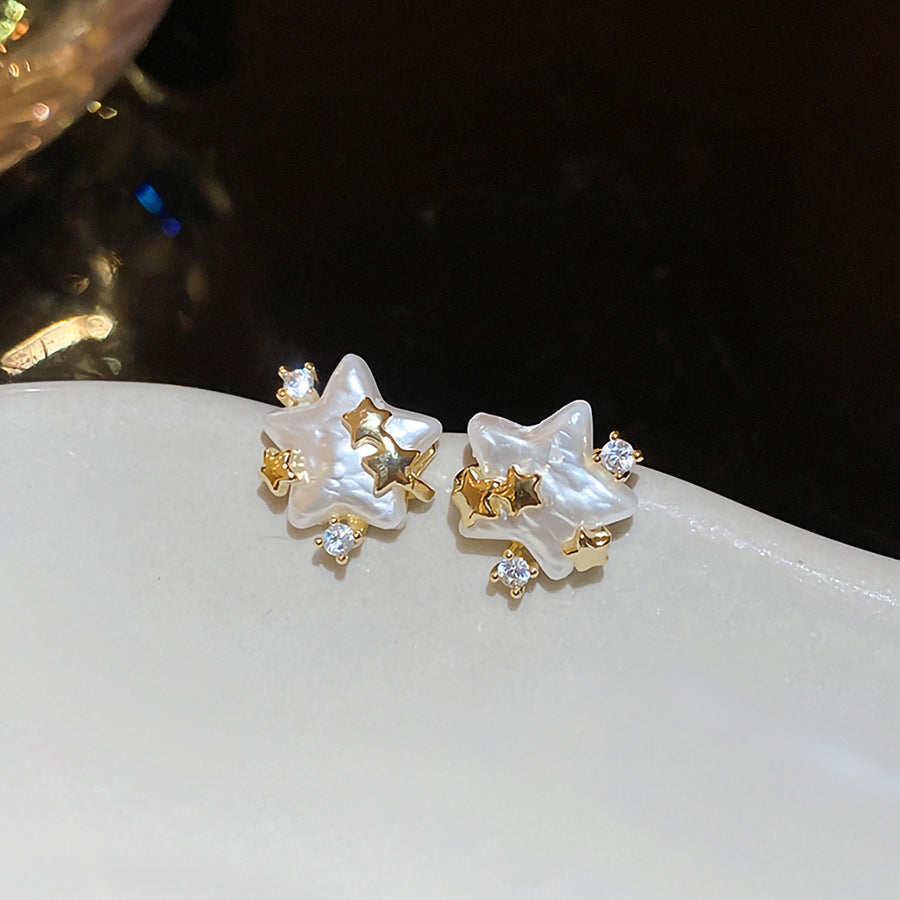 A廠【HE28855】14k真金電鍍925銀針鋯石仿珍珠星星耳環時尚百搭耳環輕奢高級感耳飾
 25.10-1