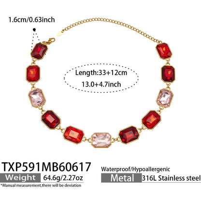 B廠【TXP591】歐美新款多色長方形玻璃石項鍊手鍊首飾套裝復古宴會風不銹鋼飾品
 26.06-4