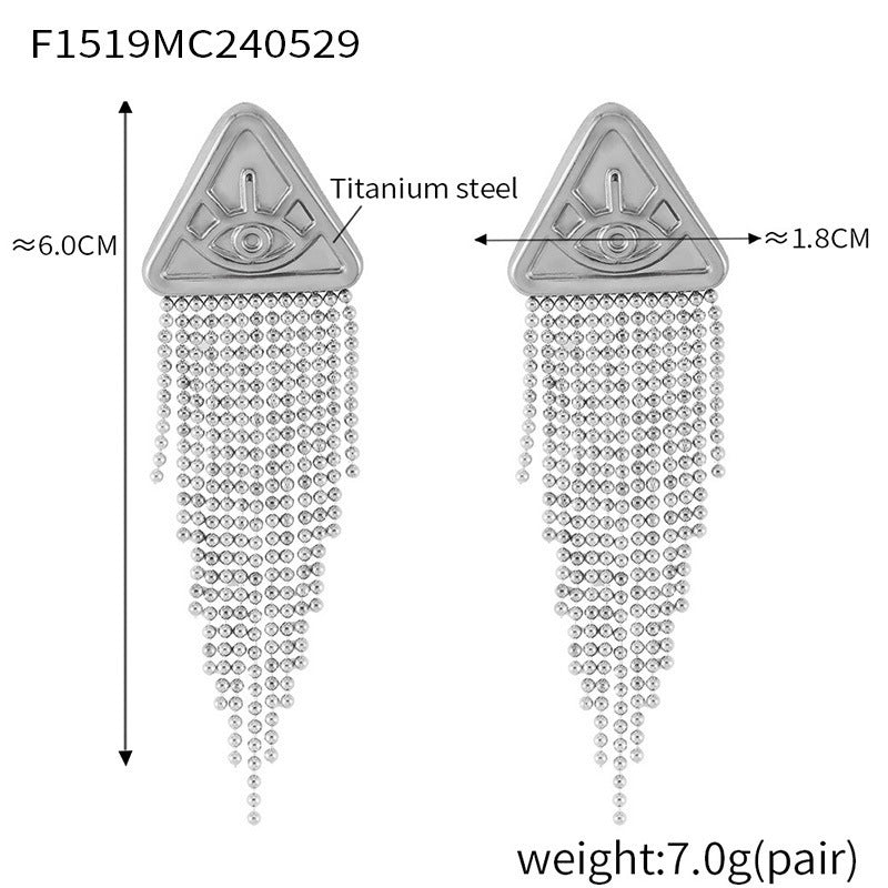 B廠【F1519】跨國個性潮流耳環鈦鋼鍍18k真金三角形惡魔之眼長圓珠流蘇耳飾 24.06-1