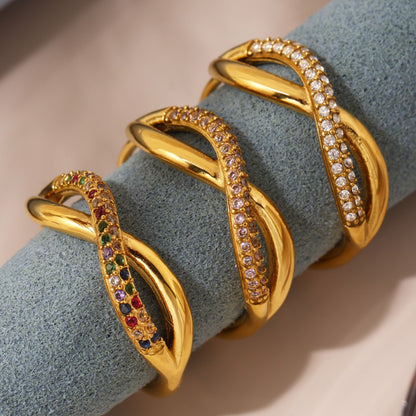 B廠【A053】新款彩色鋯石交叉細麻花食指戒不鏽鋼18K真金小眾通勤指環 25.03-3