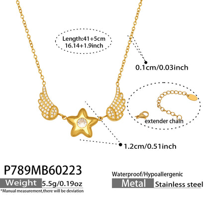 B廠【P789】歐美簡約時尚飾品5A鋯石五角星翅膀鎖骨鏈項鍊不鏽鋼鍍18k金配件
 26.03-2