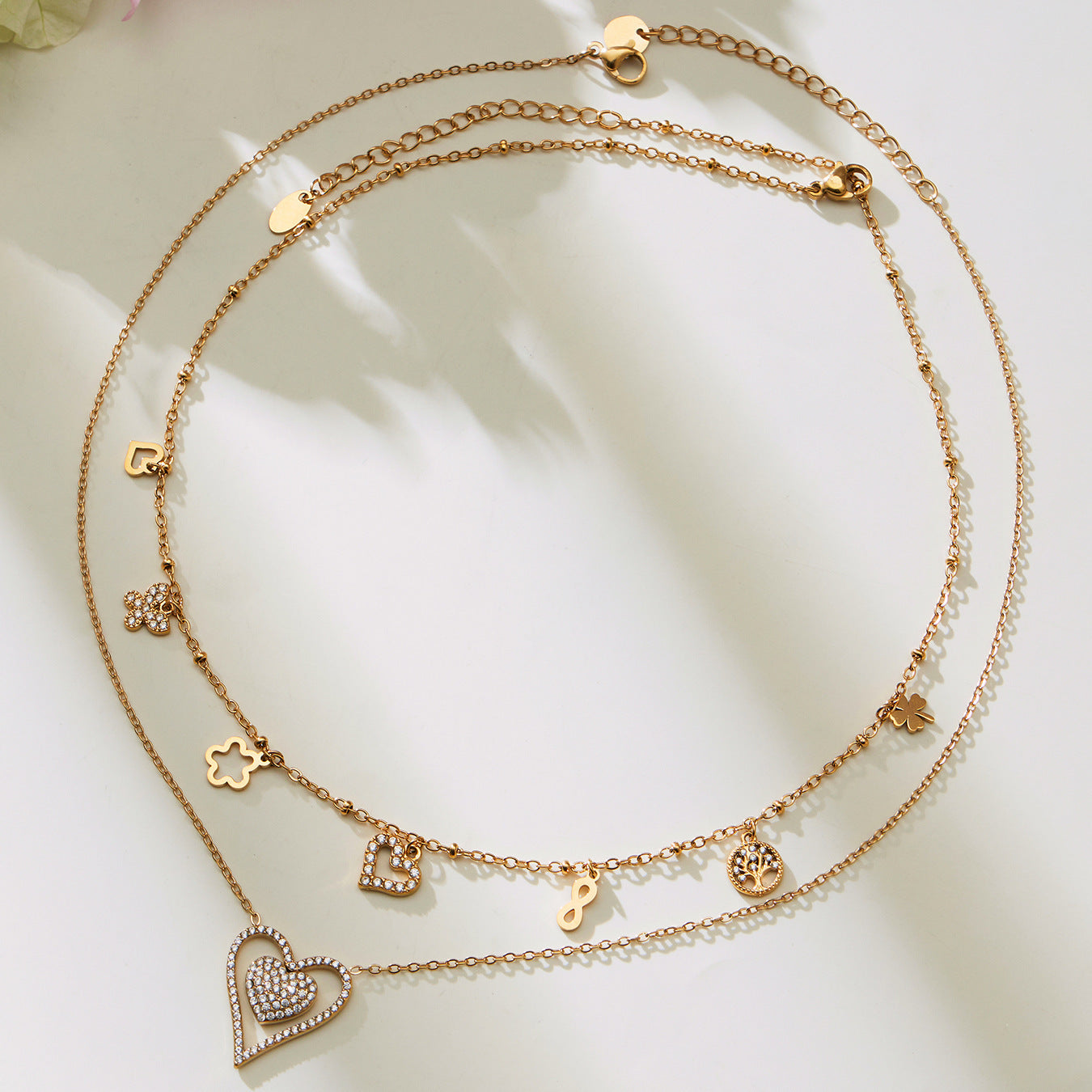 B廠【P874】跨境新款靈動愛心滿鑽鋯石吊墜雙層鎖骨項鍊不鏽鋼鍍18k金
 25.11-4