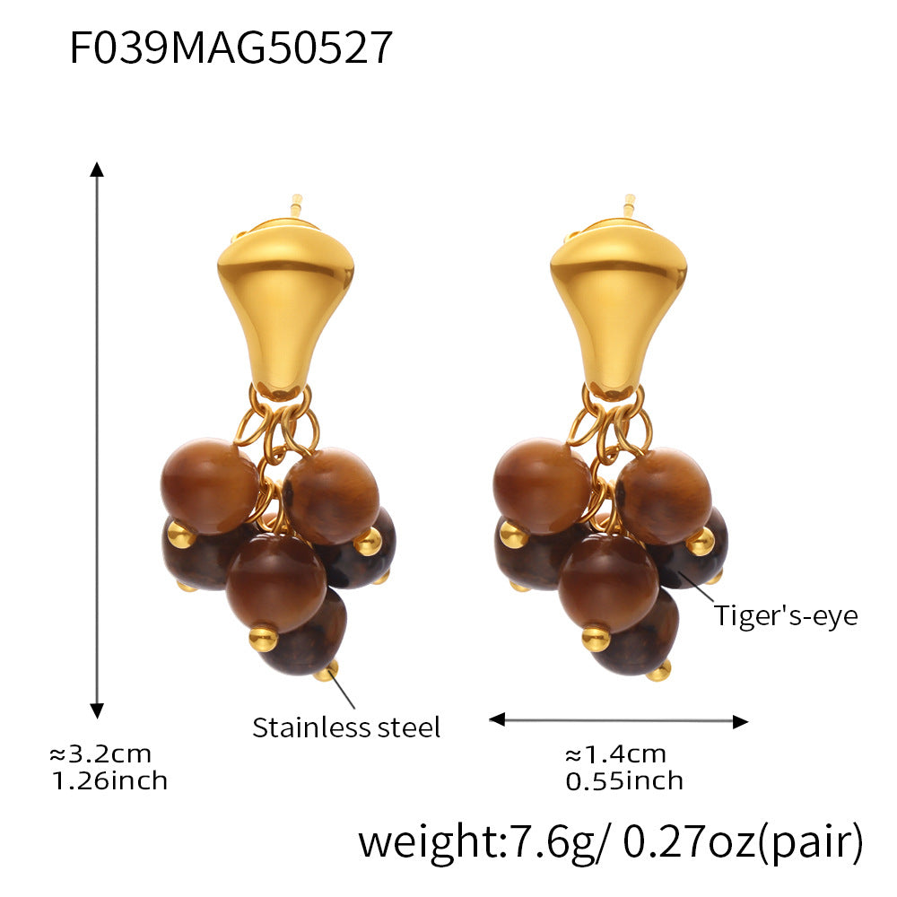 B廠【F039】歐美精緻女神新款耳環不鏽鋼材質虎眼石貝珠流蘇耳飾不掉色 25.07-1