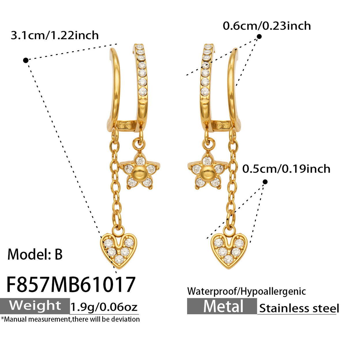 B廠【F857】幾何四瓣花愛心鑲锆石耳墜不鏽鋼耳環組
 26.10-4