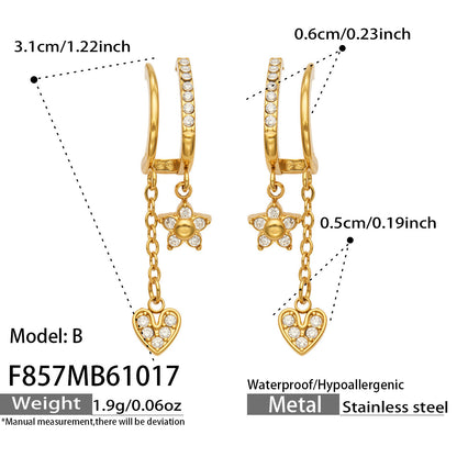 B廠【F857】幾何四瓣花愛心鑲锆石耳墜不鏽鋼耳環組
 26.10-4