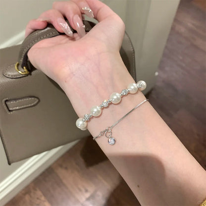 E廠【DQ0548S】法式高級感施家仿珍珠手鍊女S925純銀爆閃圓珠精緻手飾品百搭 25.07-2