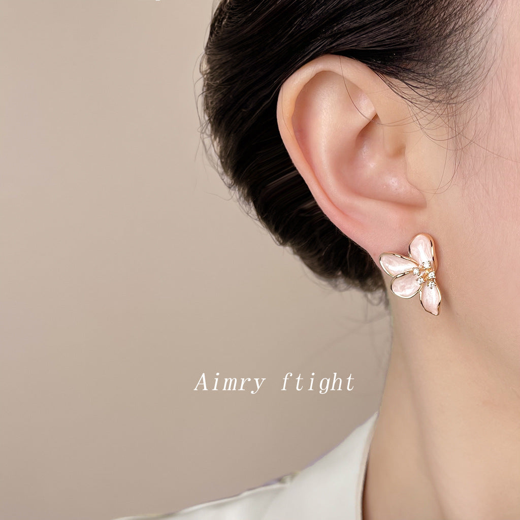 C廠【6950】溫柔氣質微鑲鋯石925銀針清新甜美小香風琺瑯滴釉花朵耳環 耳飾女
 25.10-5