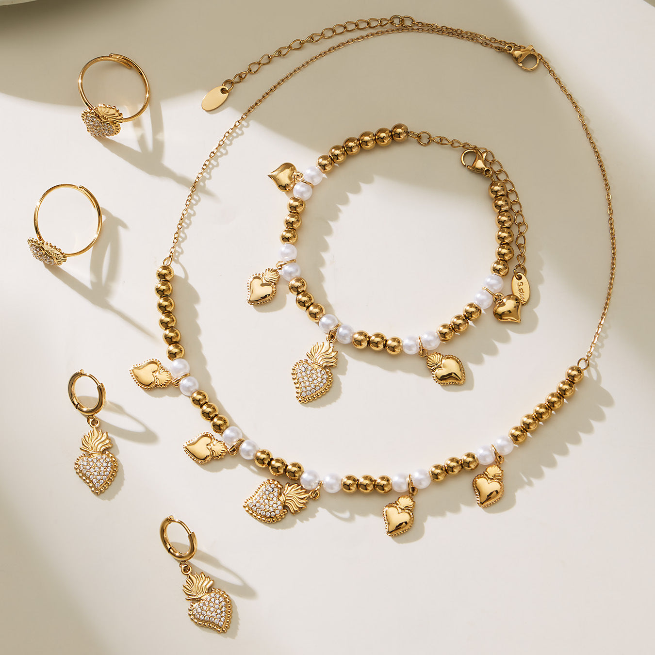 B廠【TXP490】5A鋯石愛心皇冠吊墜項鍊耳環手鍊戒指組不銹鋼鍍18k真金
 25.11-4