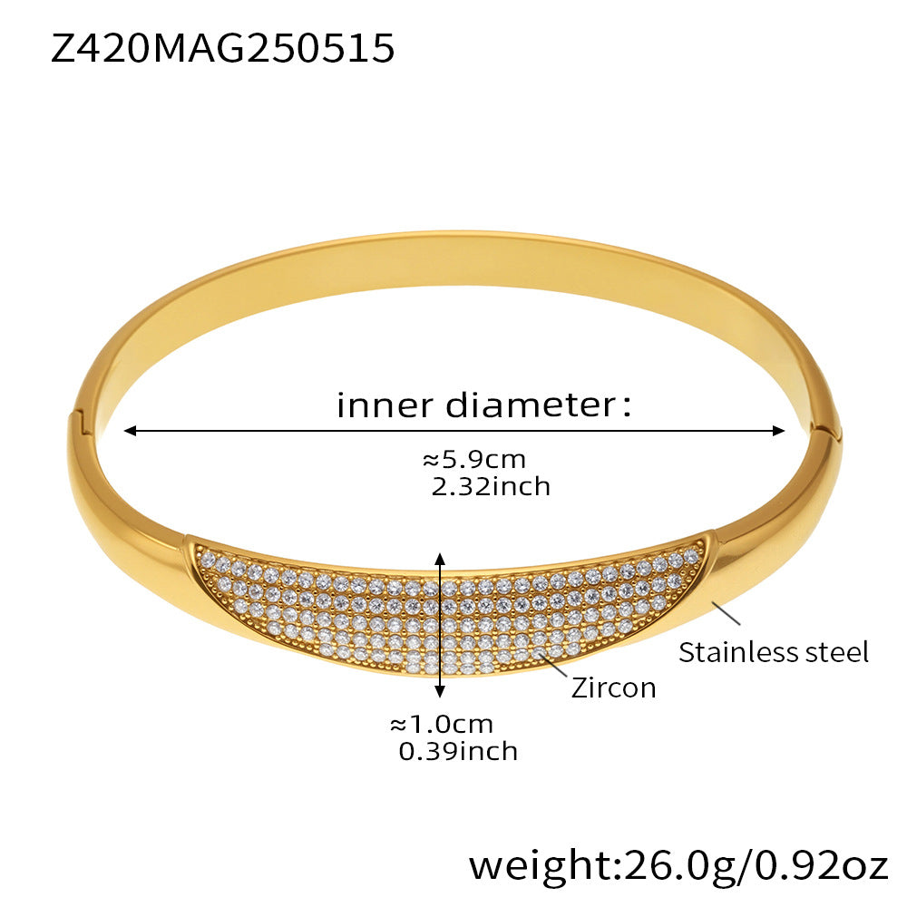 B廠【Z420】歐美不鏽鋼幾何素圈5A鋯石卡扣手鐲不鏽鋼鍍18k金精緻手環 25.05-4