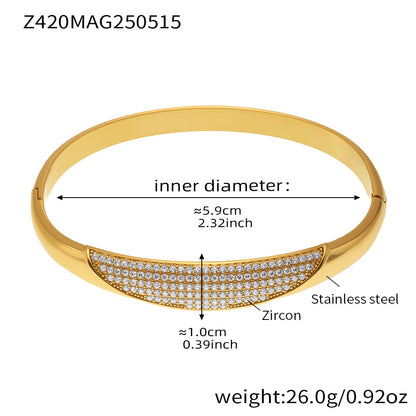 B廠【Z420】歐美不鏽鋼幾何素圈5A鋯石卡扣手鐲不鏽鋼鍍18k金精緻手環 25.05-4