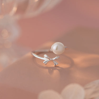 D廠【YC4002R】S925純銀小眾設計蝴蝶結珍珠戒指女ins風甜美溫柔開口戒 25.03-4