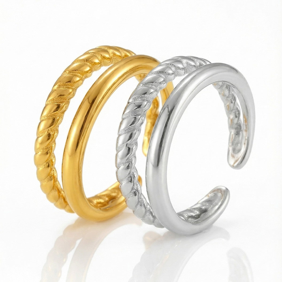 B廠【A123】歐美時尚簡約麻花雙層開口戒指不鏽鋼鍍18k真金氣質開口女士戒指
 26.02-1