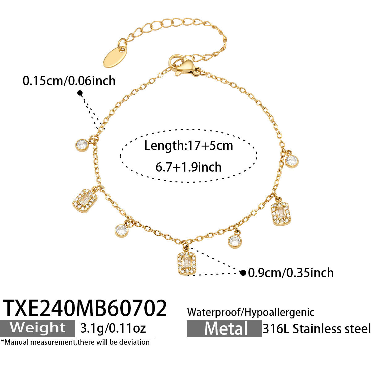 B廠【TXP240】輕奢ins風愛心方塊吊墜不銹鋼鍍18k金 鑲鋯石手鍊項鍊女飾品套裝 26.07-2
