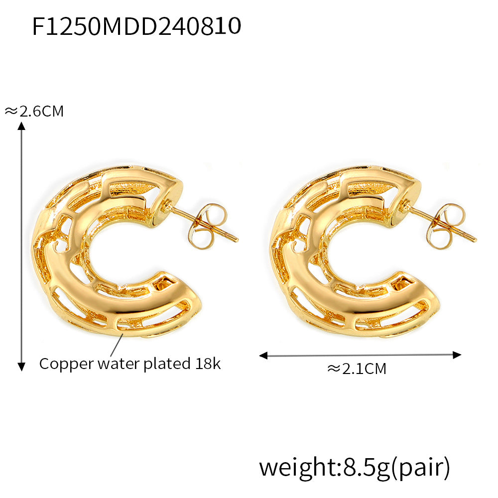 B廠【F1250】歐美跨國C型鏤空耳環時尚個性設計ins風銅材質鍍18k真金輕奢耳飾 24.08-3