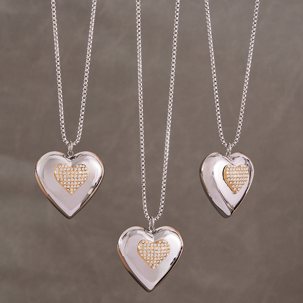 B廠【P843】歐美超閃鋯石滿鑽雙色愛心吊墜鎖骨項鍊不鏽鋼跨境女網紅百搭潮款
 26.04-3