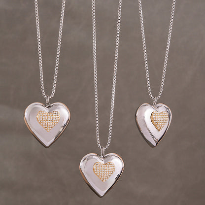 B廠【P843】歐美超閃鋯石滿鑽雙色愛心吊墜鎖骨項鍊不鏽鋼跨境女網紅百搭潮款
 26.04-3