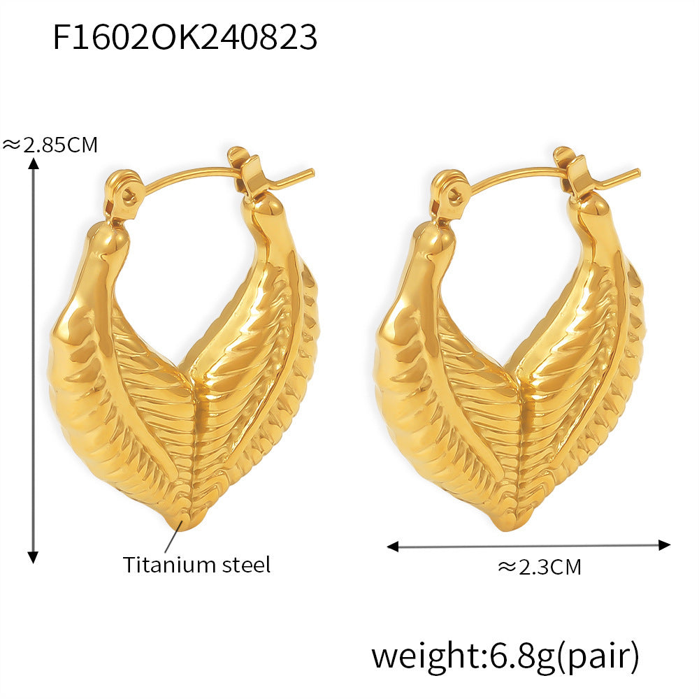 B廠【F1602】歐美跨境INS風樹葉拼接心型耳環小眾設計感鈦鋼PVD鍍18k真金耳環 24.08-5