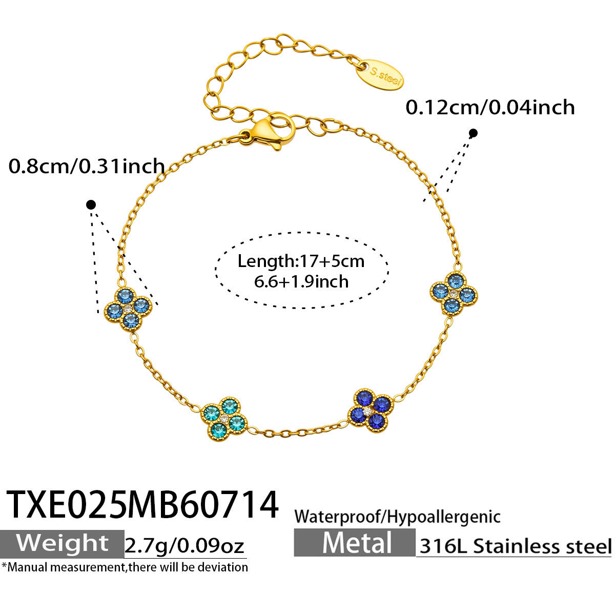 B廠【TXP025】歐美多巴胺系列四葉花不銹鋼鍍18k金 鑲嵌鋯石項鍊手鍊女飾品套裝
 26.07-4