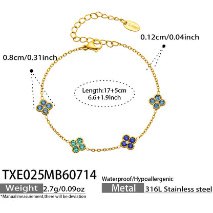B廠【TXP025】歐美多巴胺系列四葉花不銹鋼鍍18k金 鑲嵌鋯石項鍊手鍊女飾品套裝
 26.07-4