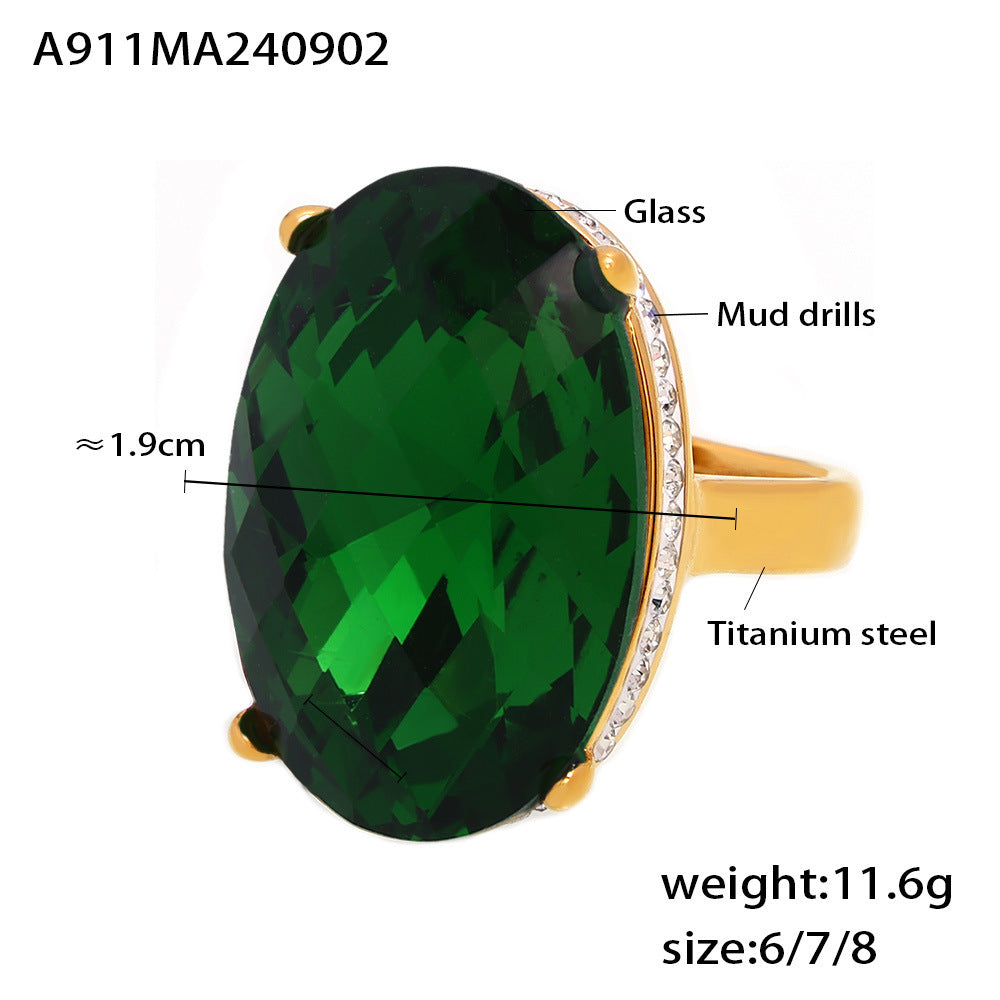 B廠【A911】跨國歐美橢圓黏鑽大玻璃戒指鈦鋼鍍18K真金指環復古輕奢感手飾品 24.09-2