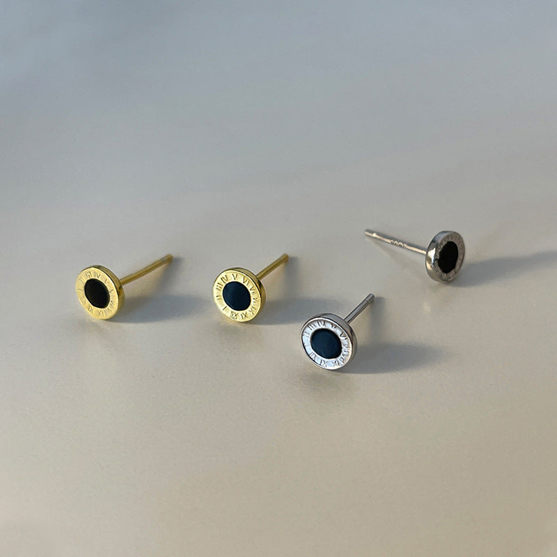 F廠【DQ10438E】999純銀小眾設計羅馬數位耳環女簡約氣質黑色滴膠圓環耳飾潮
 25.09-1