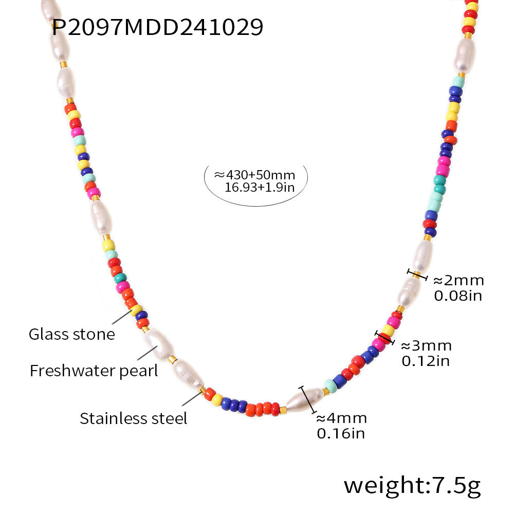 B廠【P2097】手工編織波希米亞風玻璃石淡水珍珠多彩串珠民族風氣質項鍊 24.11-2