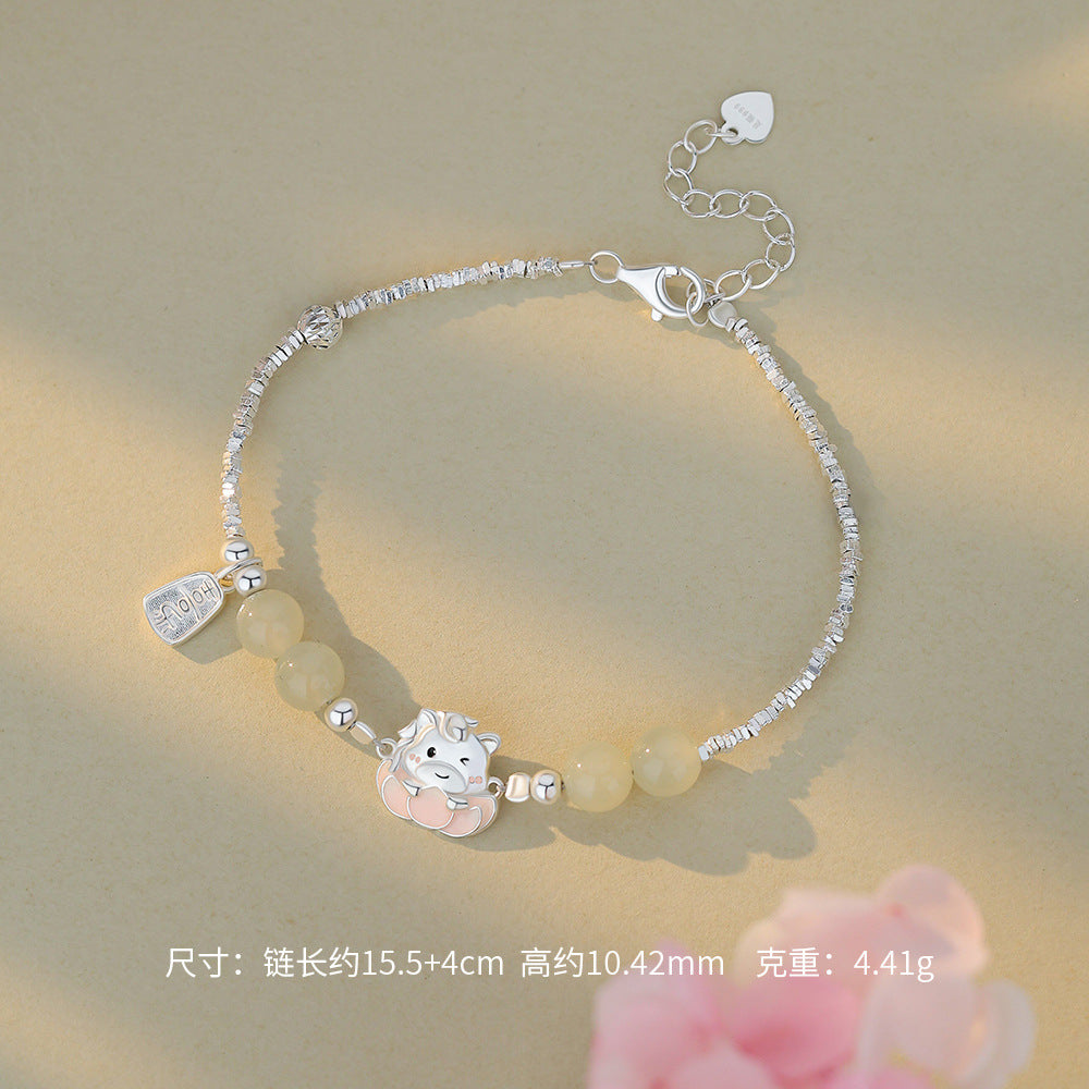 D廠【YC2484N】原創足銀S999好事蓮蓮小馬耳環與田玉手鍊清新耳環小眾首飾
 26.01-1