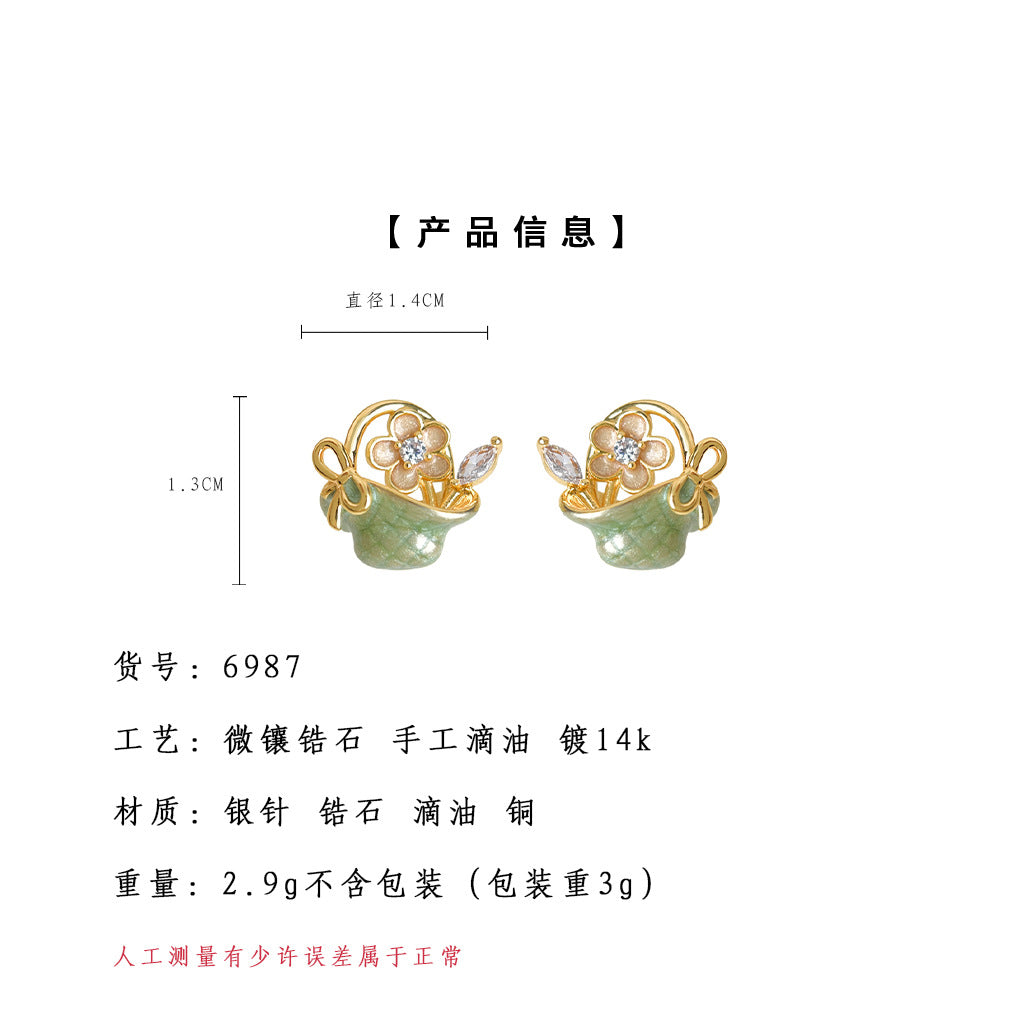 C廠【6987】原創森系花籃手工彩繪琺瑯滴釉s925銀針微鑲鋯石耳環田園風耳飾女
 25.10-5