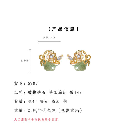 A廠【6987】原創森系花籃手工彩繪琺瑯滴釉s925銀針微鑲鋯石耳環田園風耳飾女
 25.10-5
