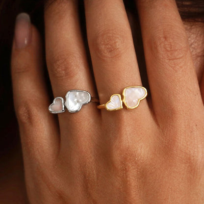 B廠【A045】歐美跨境幾何雙愛心開口天然貝母戒指不鏽鋼鍍18k真金氣質手飾品
 26.01-2