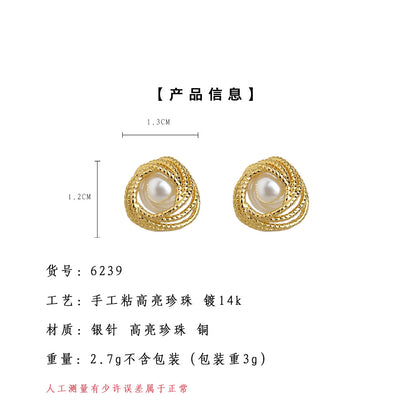 A廠【6239】時尚高級感！ 925銀針鍍14K幾何珍珠耳飾女簡約通勤耳環女 25.06-3