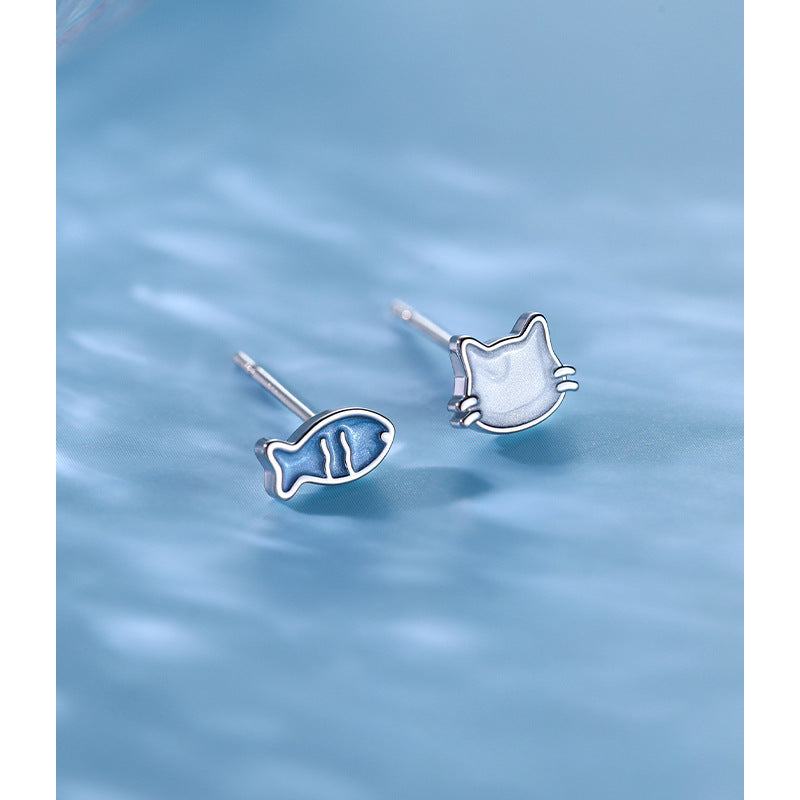 E廠【XDQ10950E】小眾設計S999純銀貓與小魚耳環女簡約可愛貓咪百搭不對稱耳飾
 26.06-2