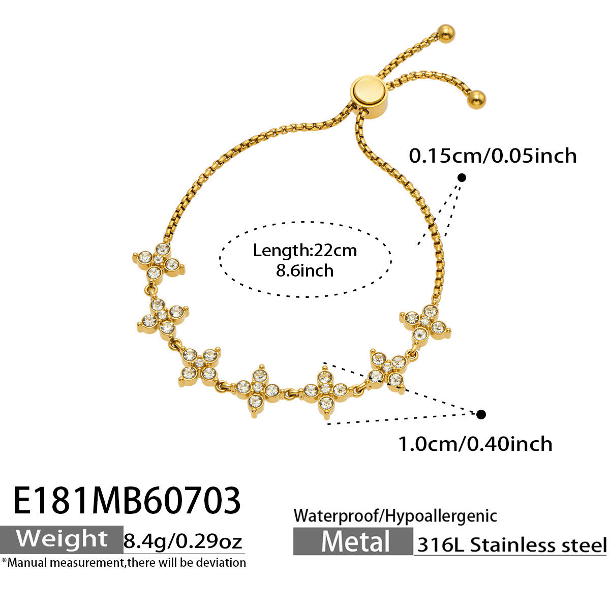 B廠【E181】法式新款輕奢鑲超閃水鑽鈦鋼鍍金高級感抽拉式不褪色女手鍊手飾 26.07-2