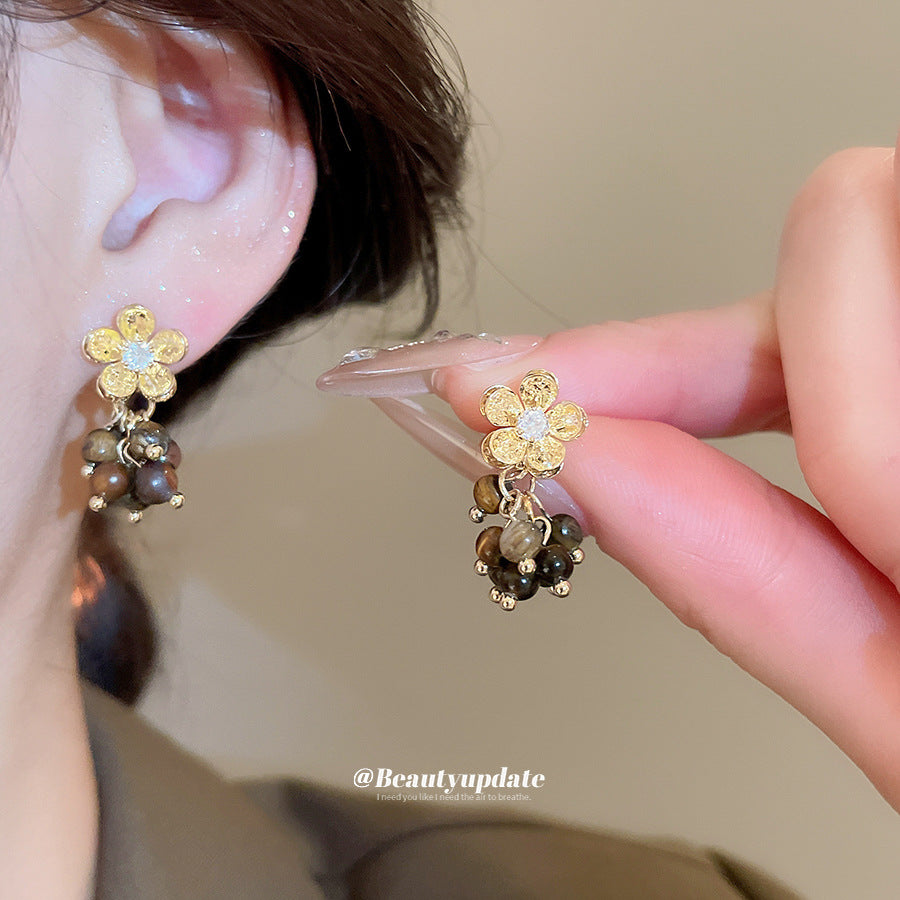 A廠【HE28971】925銀針虎眼石鋯石花朵流蘇吊墜耳環美拉德風耳環輕奢高級感耳飾
 25.10-3