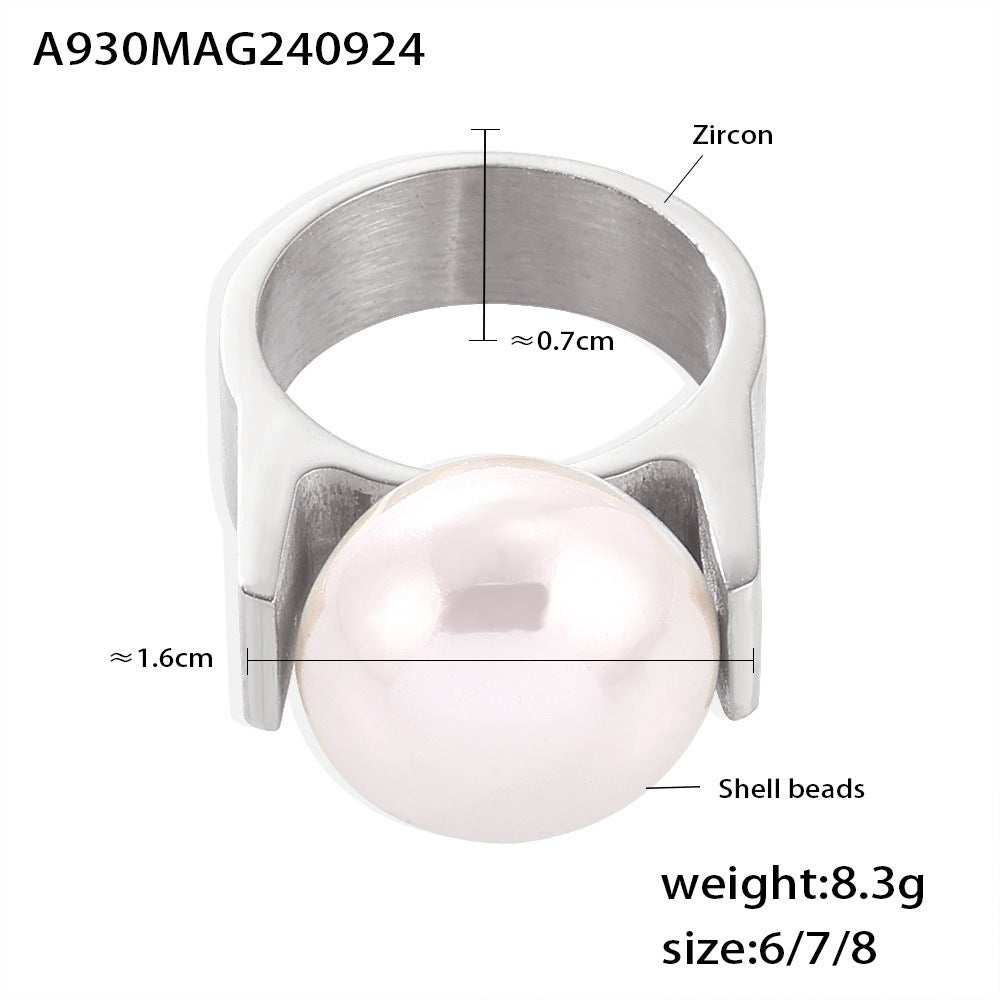 B廠【A930】歐美跨境輕奢感誇張大貝珠戒指個性氣質鈦鋼鍍18K金不掉色手飾女 24.10-1