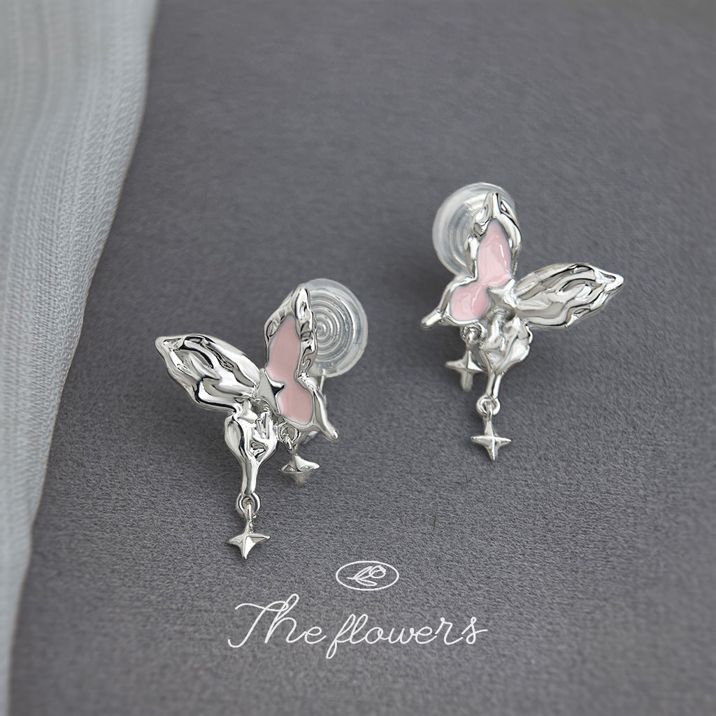 A廠【6345】甜酷女孩！ 925銀針粉紅琺瑯滴油液態肌理紋芒星蝴蝶新款耳飾耳環
 25.11-4