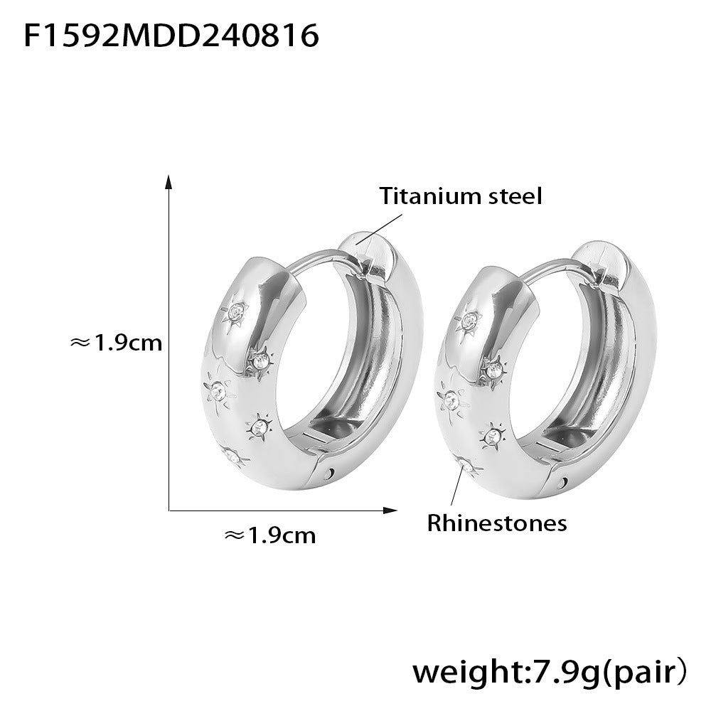 B廠【F1592】法式復古氣質微鑲鑽圓形八芒星鈦鋼耳圈跨境熱銷18K真金素圈耳扣 24.08-4